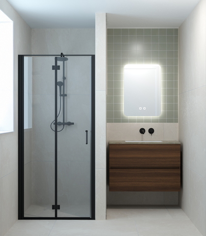 Moderne badkamer met douchecabine en hangend wastafelmeubel in warme houttint