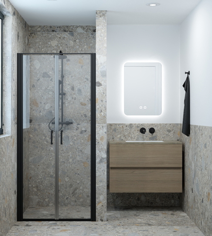 Moderne badkamer met douchecabine en hangend wastafelmeubel in warme houttint
