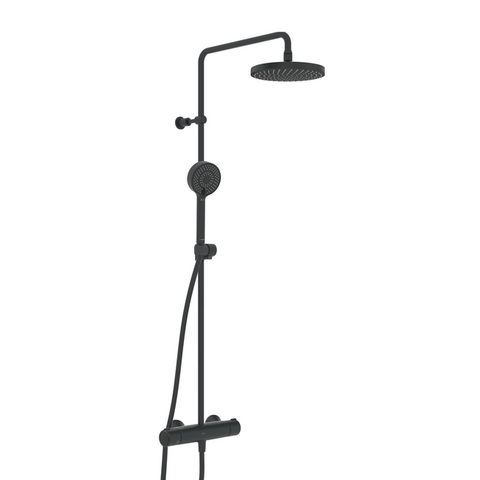 Colonne de douche noire mat avec tête de douche ronde et douchette à main 