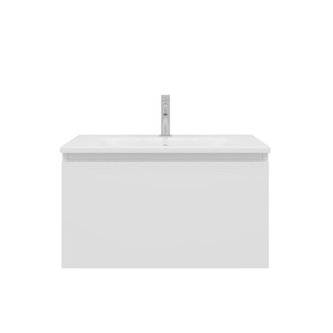 Meuble de salle de bains moderne mural blanc avec plan vasque intégré et mitigeur central, style minimaliste et épuré