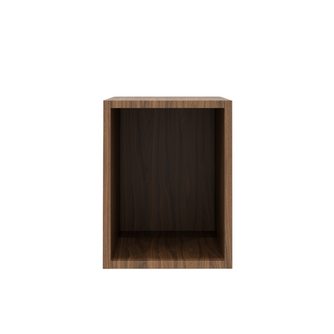 Cube de rangement mural en bois foncé pour salle de bains, compartiment ouvert
