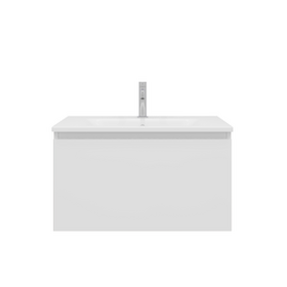Meuble de salle de bains moderne mural blanc avec plan vasque intégré et mitigeur central, style minimaliste et épuré