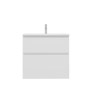 Meuble de salle de bains blanc avec deux tiroirs et vasque intégrée, mitigeur central chromé, design moderne et minimaliste
