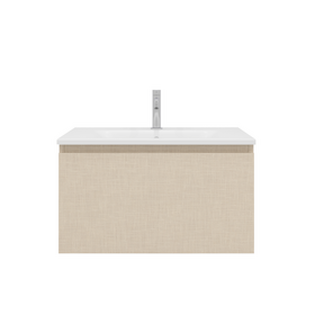 Meuble de salle de bains beige avec deux tiroirs et plan vasque intégré 