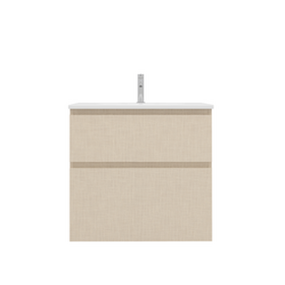 Meuble de salle de bains beige suspendu avec deux tiroirs et vasque blanche intégrée, style moderne 
