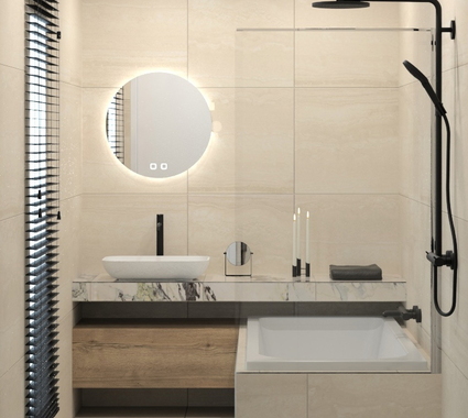 Kleine badkamer in beigetinten met douche en bad