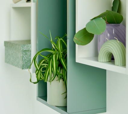 Meuble à compartiments vert et blanc pour la salle de bain, avec des plantes décoratives et des accessoires pour une ambiance fraîche et moderne.
