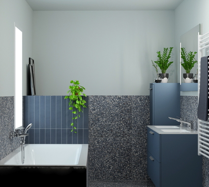 Petite salle de bain moderne avec baignoire, meuble de salle de bain épuré et carrelage terrazzo, agrémentée de plantes vertes pour une touche chaleureuse.