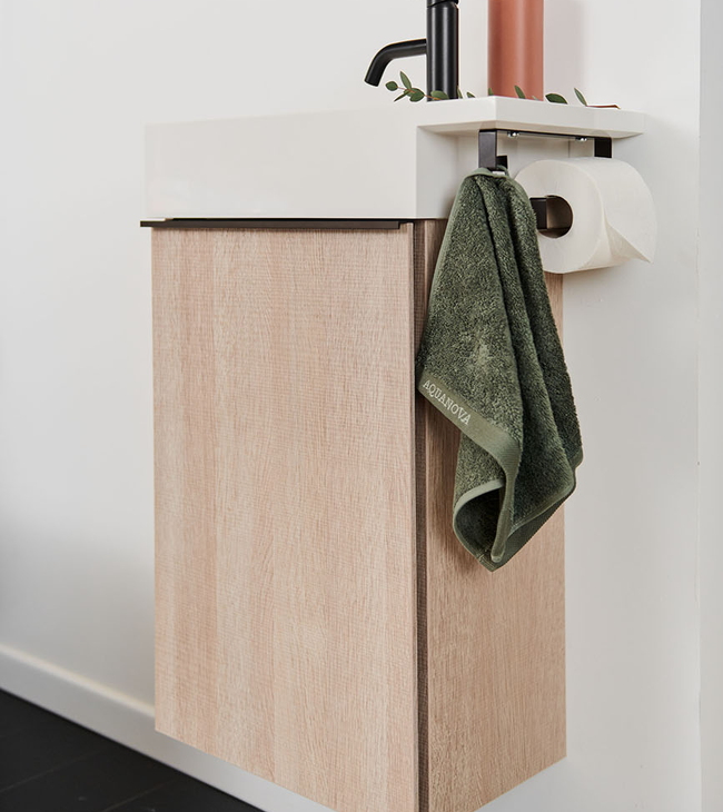 Meuble WC avec lave-mains, crochet porte-serviette intégré et porte-rouleau de papier toilette