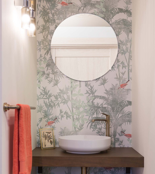 Meuble de toilette avec robinet or/cuivre et vasque à poser