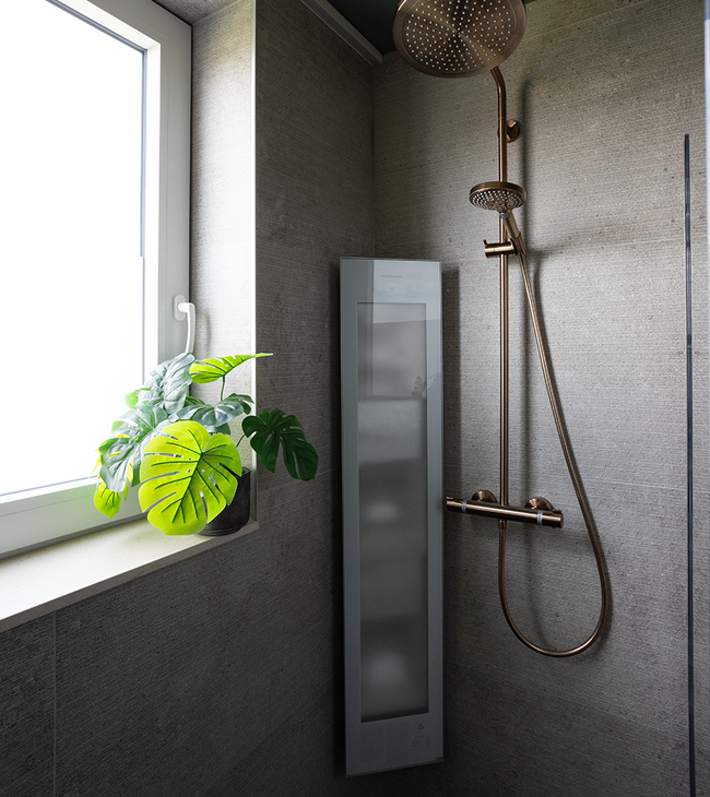 Douche avec robinets dorés et panneau infrarouge