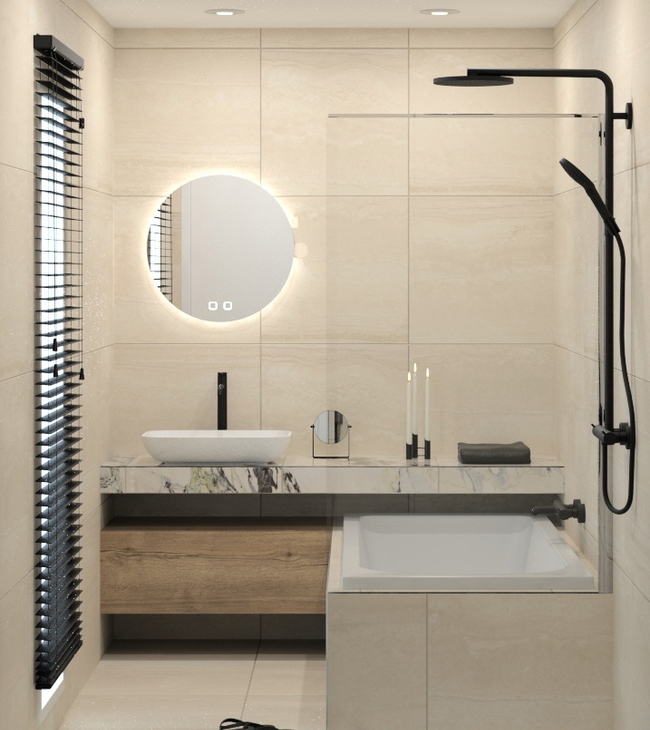 Kleine badkamer in beigetinten met douche en bad