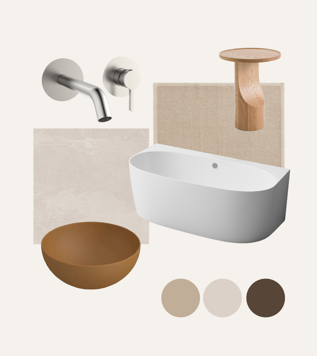 Moodboard pour salle de bain avec baignoire îlot, petite table d’appoint en bois, tons terre et éléments de design minimalistes.