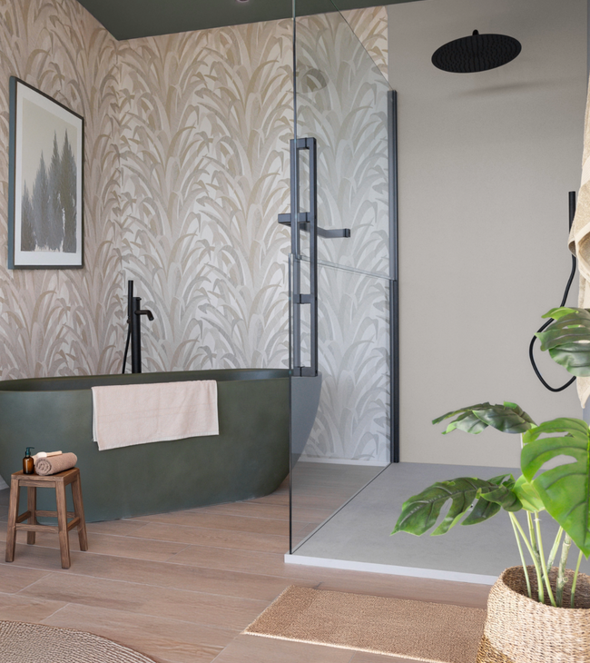 Salle de bain au design biophilique avec des accents verts, des plantes, une baignoire îlot et une paroi de douche en verre pour une ambiance naturelle.