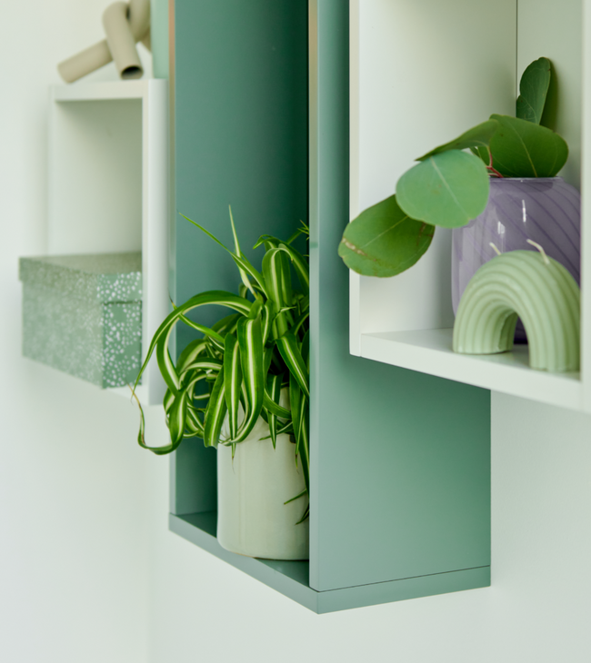 Meuble à compartiments vert et blanc pour la salle de bain, avec des plantes décoratives et des accessoires pour une ambiance fraîche et moderne.