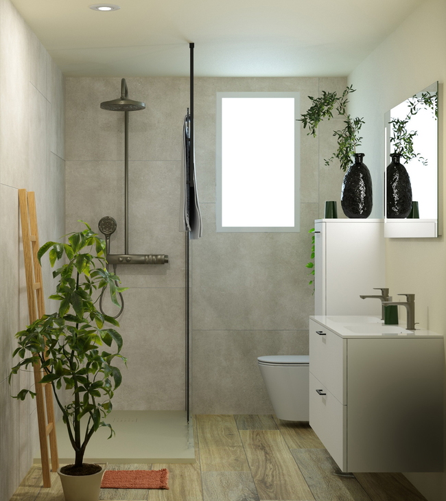 Vue d’une petite salle de bain de 200 × 280 cm avec douche à l’italienne de style naturel