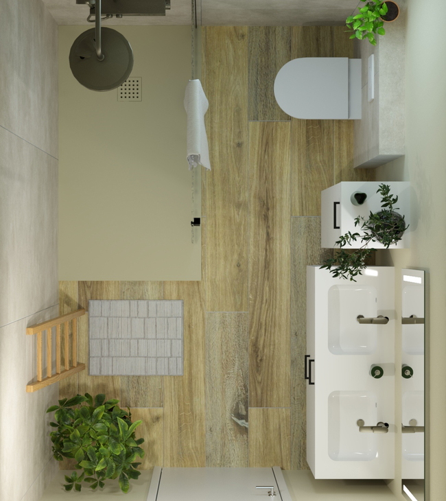 Vue de dessus d’une petite salle de bain de 200 × 280 cm avec douche à l’italienne de style naturel