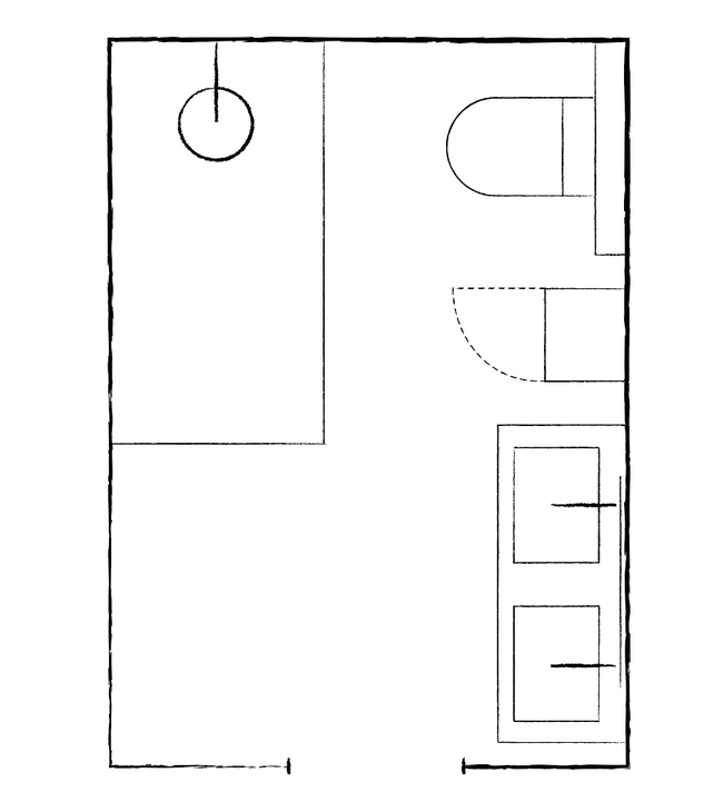 Plan d’une petite salle de bain avec douche à l’italienne installée le long du mur long