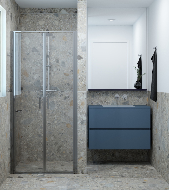 Douche à l’italienne avec portes battantes en verre entre deux murs, à côté d’un meuble de salle de bain bleu avec miroir et porte-serviettes.