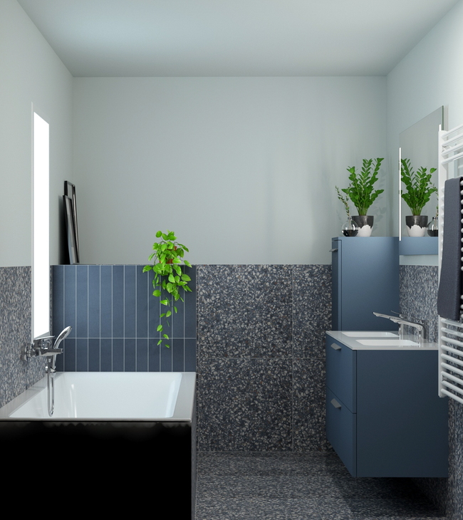 Petite salle de bain moderne avec baignoire, meuble de salle de bain épuré et carrelage terrazzo, agrémentée de plantes vertes pour une touche chaleureuse.