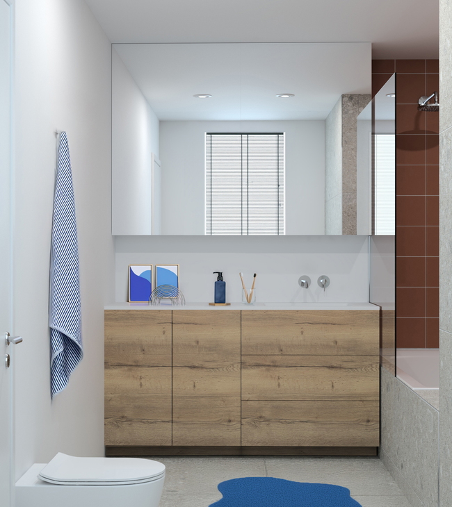 Salle de bain de style néo-brutaliste avec meuble en bois, grande armoire miroir, accents bleus et carreaux muraux en terre cuite.