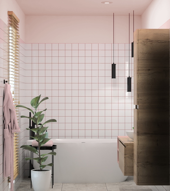 Salle de bain avec carreaux et joints roses, baignoire semi-îlot, meuble en bois et accents noirs pour un look épuré.