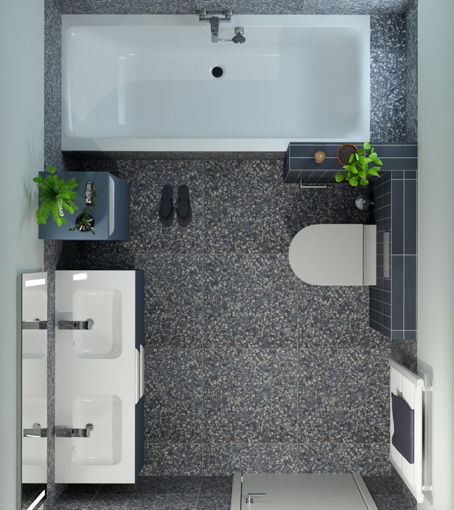 Vue de dessus d’une petite salle de bain intelligemment aménagée avec baignoire, double vasque et WC suspendu, dans un style moderne.