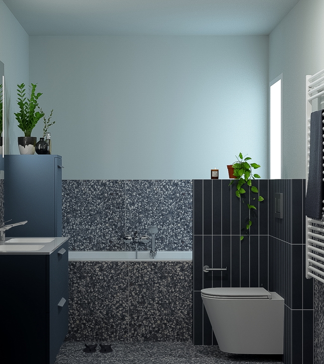 Petite salle de bain élégante avec carrelage terrazzo, WC suspendu et meuble de salle de bain compact, dans un design moderne et fonctionnel.