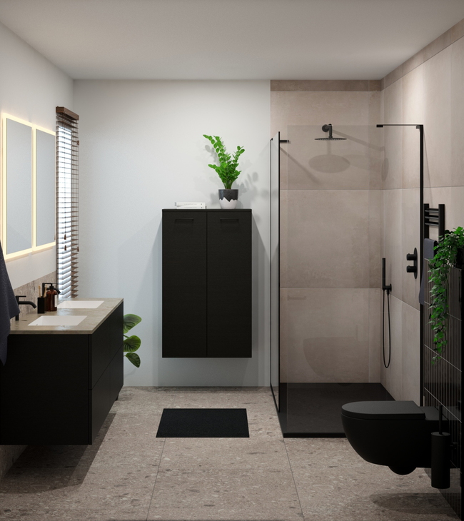 Salle de bains de 2,5 x 3,5 m avec douche à l'italienne, double vasque, meuble colonne et toilettes.