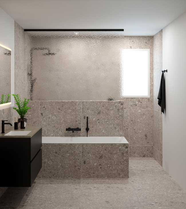 Salle de bain de 2,5 x 3,5 m avec baignoire, douche à l'italienne et meuble