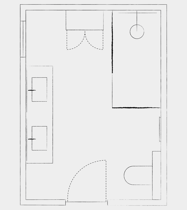 Aménagement salle de bains de 2,5 x 3,5 m avec douche à l'italienne, double vasque, meuble colonne et toilettes.