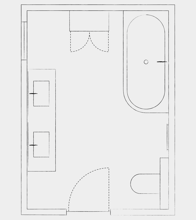 Salle de bain 2,5 x 3,5 m, meuble, baignoire adossée au mur, toilettes.