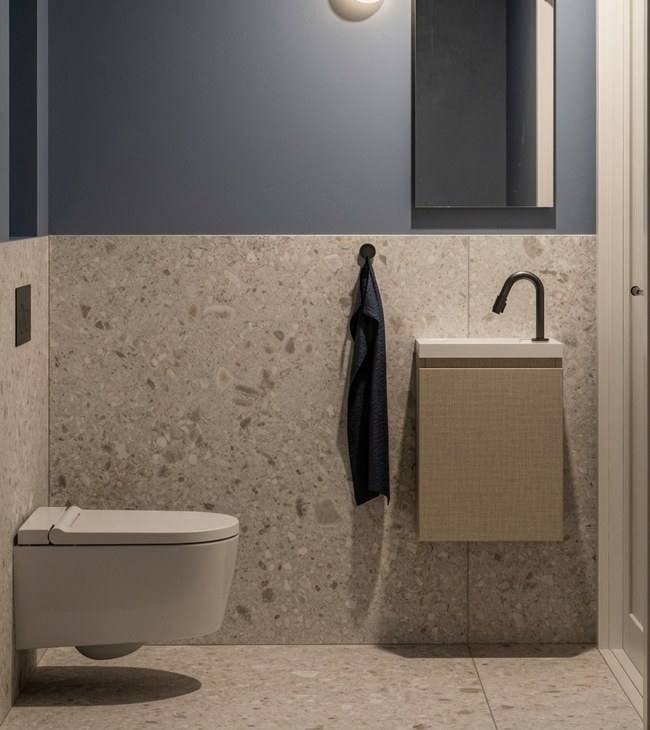 Toilet met douchetoilet van Geberit, blauwe muren en grijze tegels