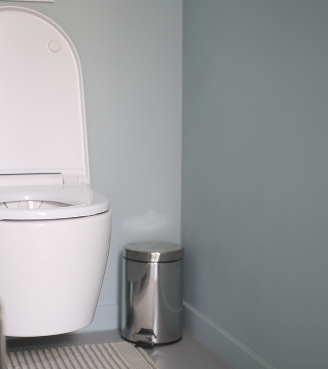 Geberit Sela douchetoilet in lichtblauwe toiletruimte met chroom accessoires