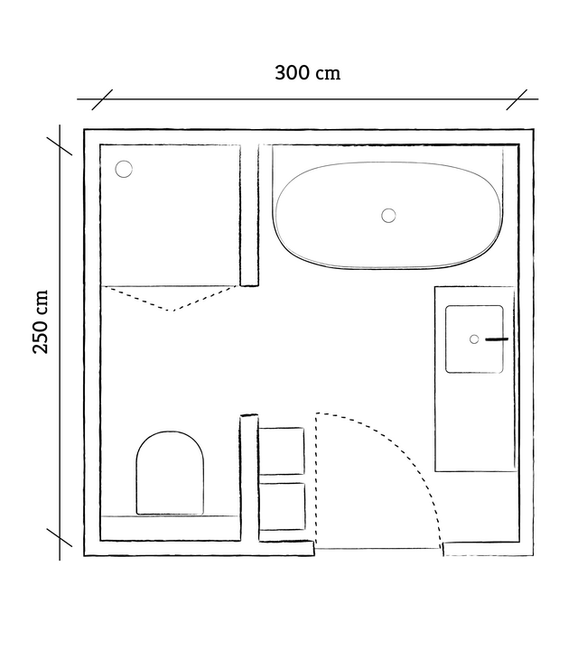 Grondplan van een kleine badkamer van 7,5m2 met bad, douche, meubel én toilet