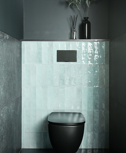 Toilet moderne avec cuvette noire, carrelage vert sur le mur arrière et murs foncés pour un contraste élégant.